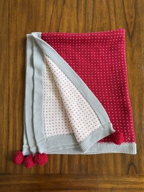 Pottery Barn Kids Red and Gray Dot Knit Blanket with Pom Poms